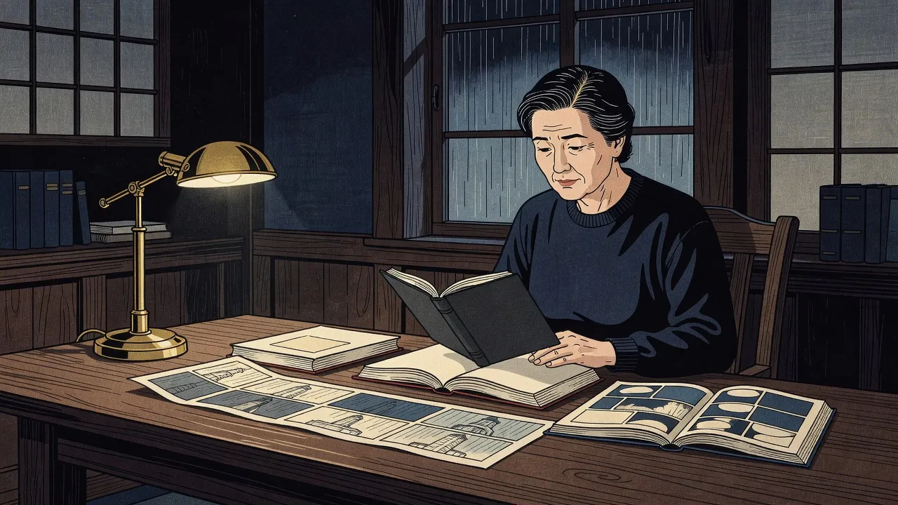 In a dark, book-lined study at night, a woman with grey-streaked hair sits at a lamplit table with one hand on an open novel, a bound script, a long sheet of storyboard sketches and an open comic spread out around it.