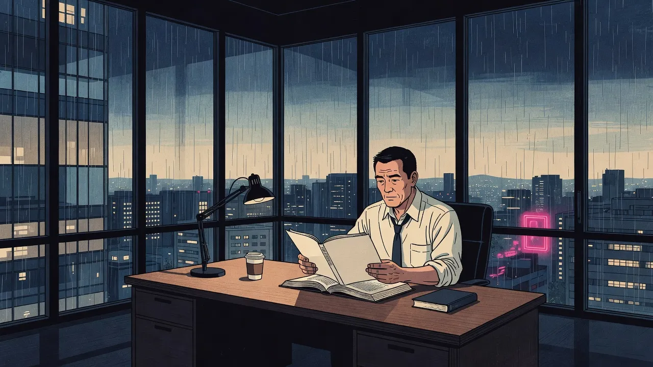 At dusk in a high glass-walled office, a man in shirtsleeves sits at a desk reading a thick bound script, rain streaming down the window behind him over the lights of a city.