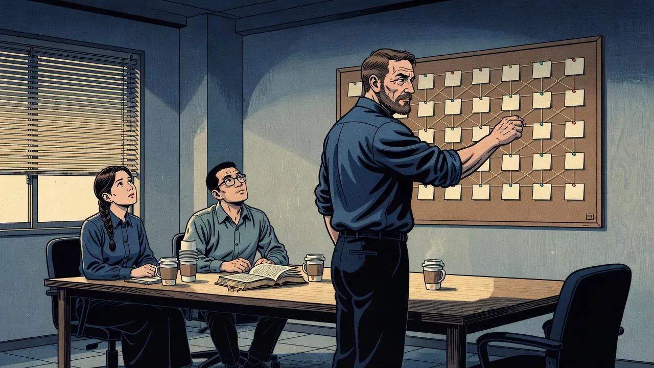 By day in an office writers’ room, a man pins a blank card to a wall of cards in rows while two colleagues at a long table, among coffee cups and an open paperback, look up at the board.