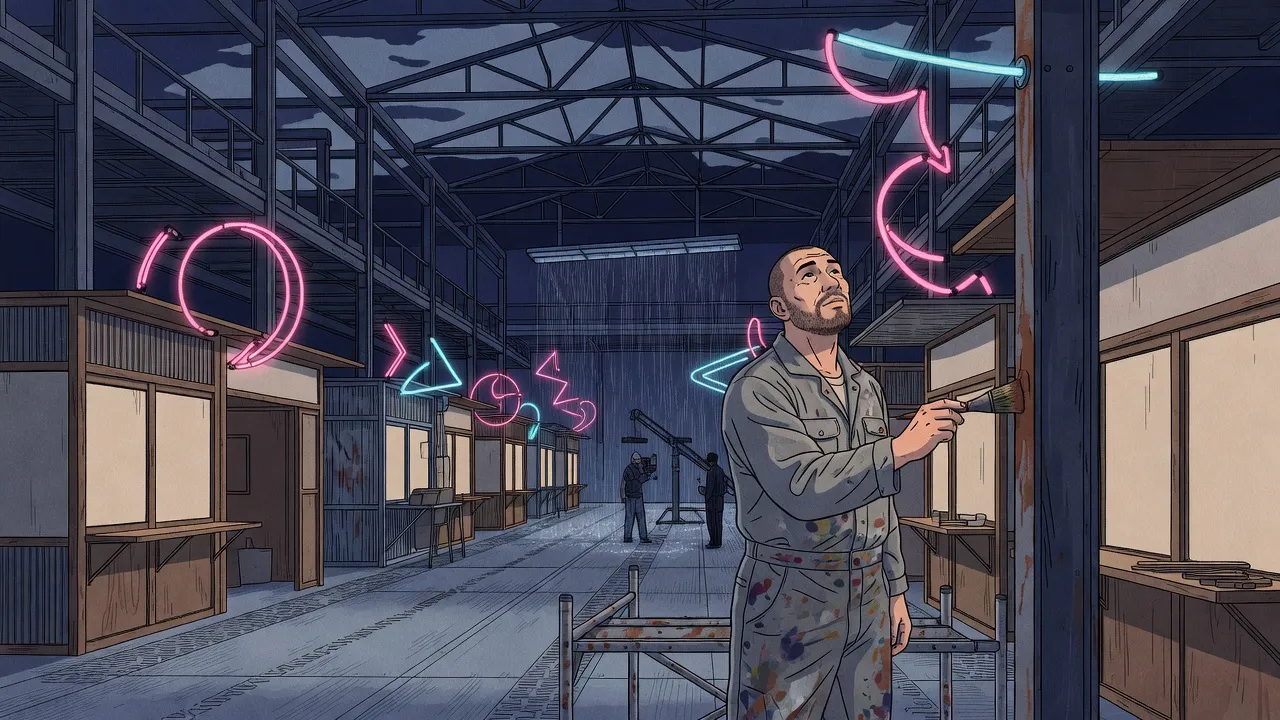 Inside a vast converted industrial hall, a set painter beside a low scaffold ages a steel pillar while neon tubes flicker on above a half-built two-storey street of stalls and a curtain of artificial rain falls over it.