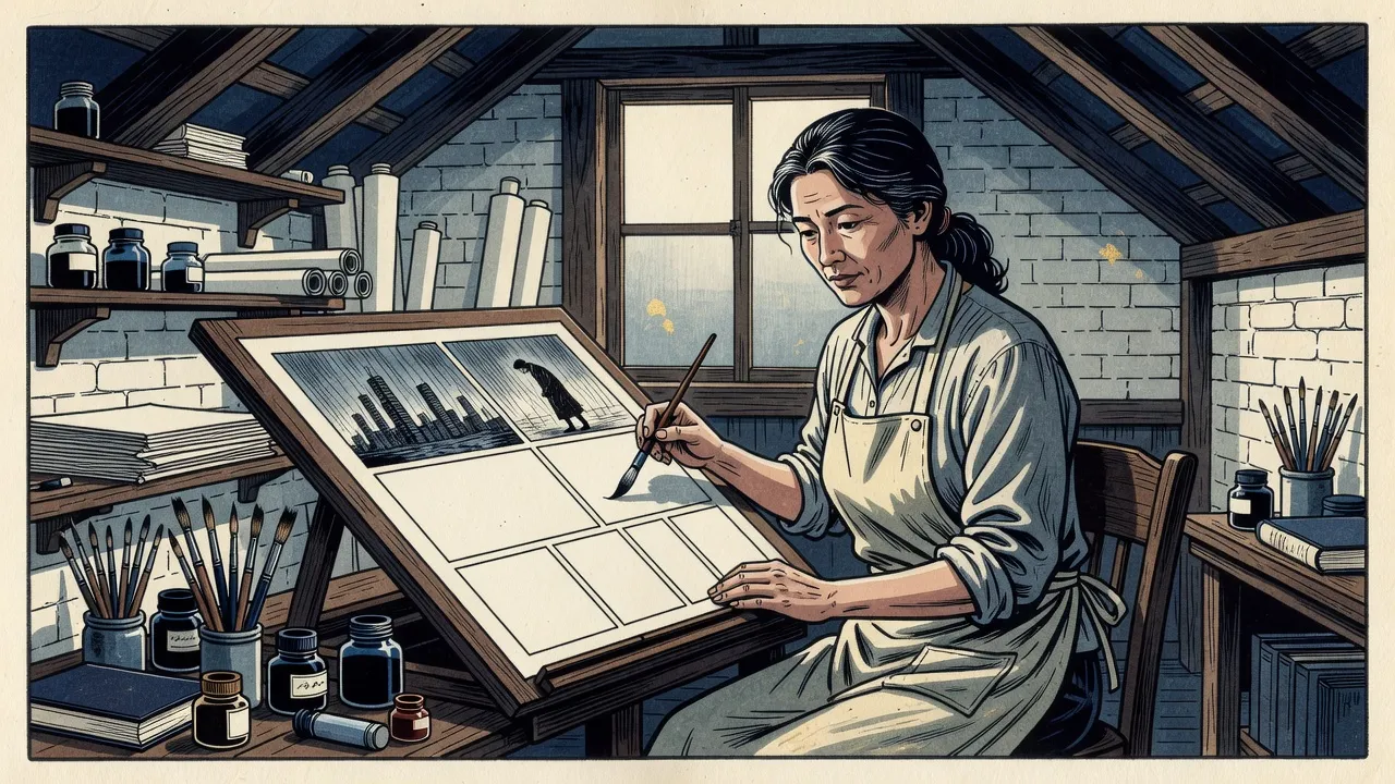 In a whitewashed attic studio by daylight, a woman in an apron leans over a tilted drawing board, brushing ink onto a large sheet ruled into panels, only the top two holding loose sketches of towers and a figure in rain.