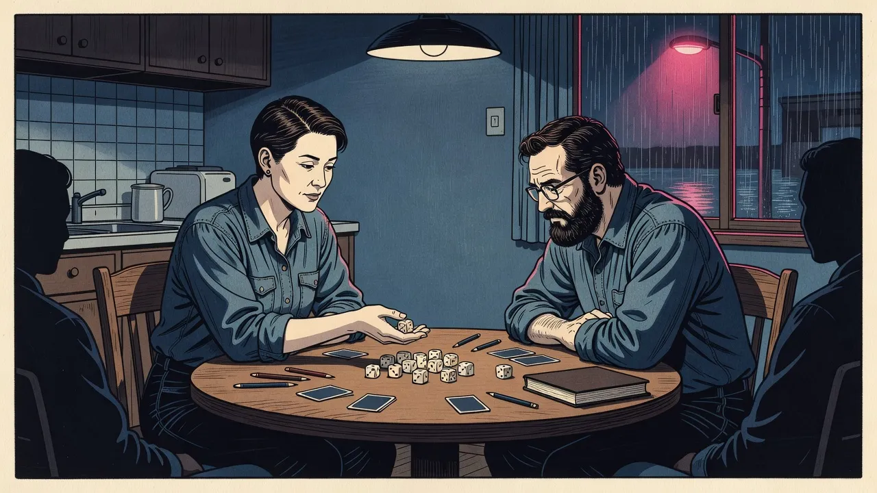 At night around a lamplit kitchen table, a woman lets a handful of dice fall while a bearded man leans in to watch and two more players sit in shadow, cards face down and pencils scattered between them.