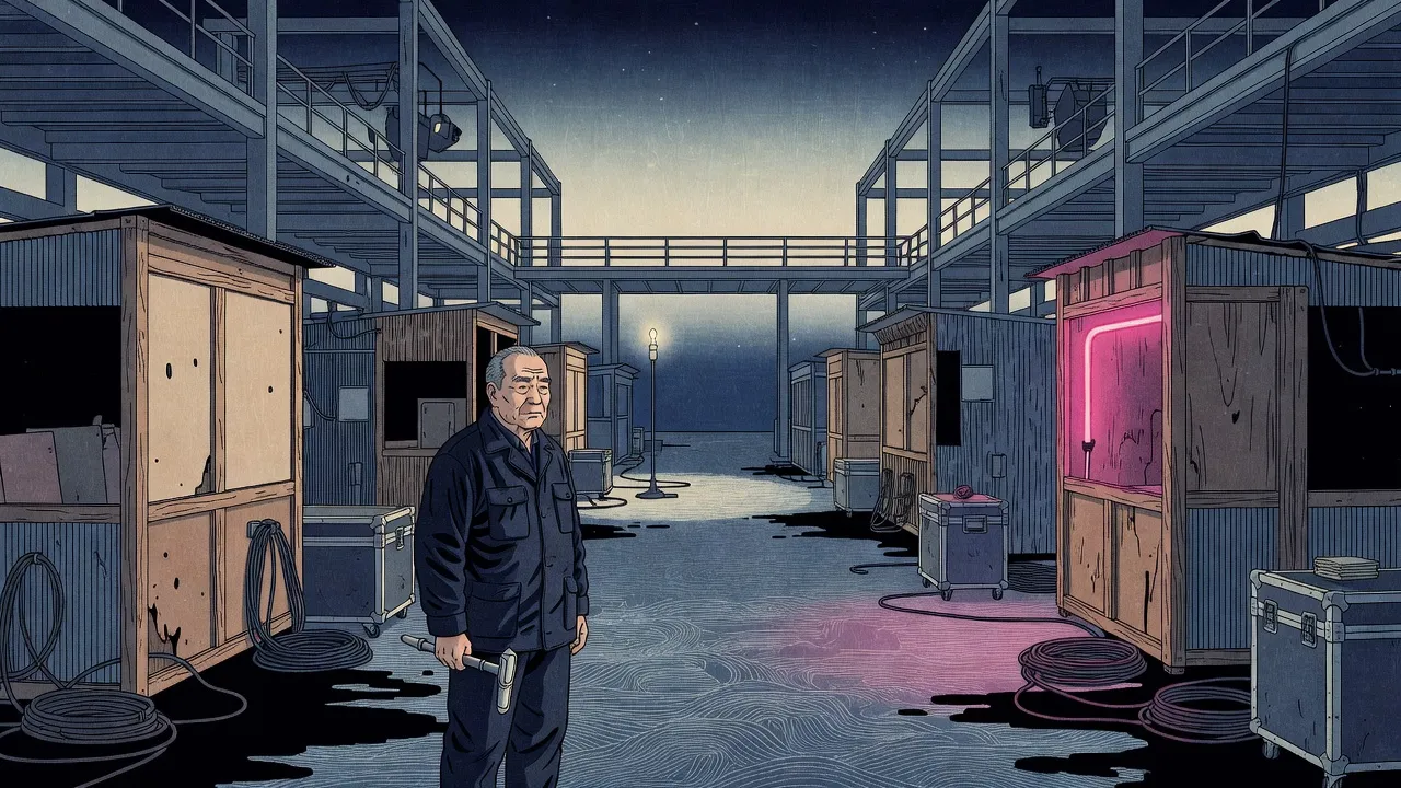 In a vast dark film studio, an older watchman with a torch stands in the foreground of a half-dismantled street set, a single bare bulb burning on a stand in the middle of the empty street and one neon tube still glowing.