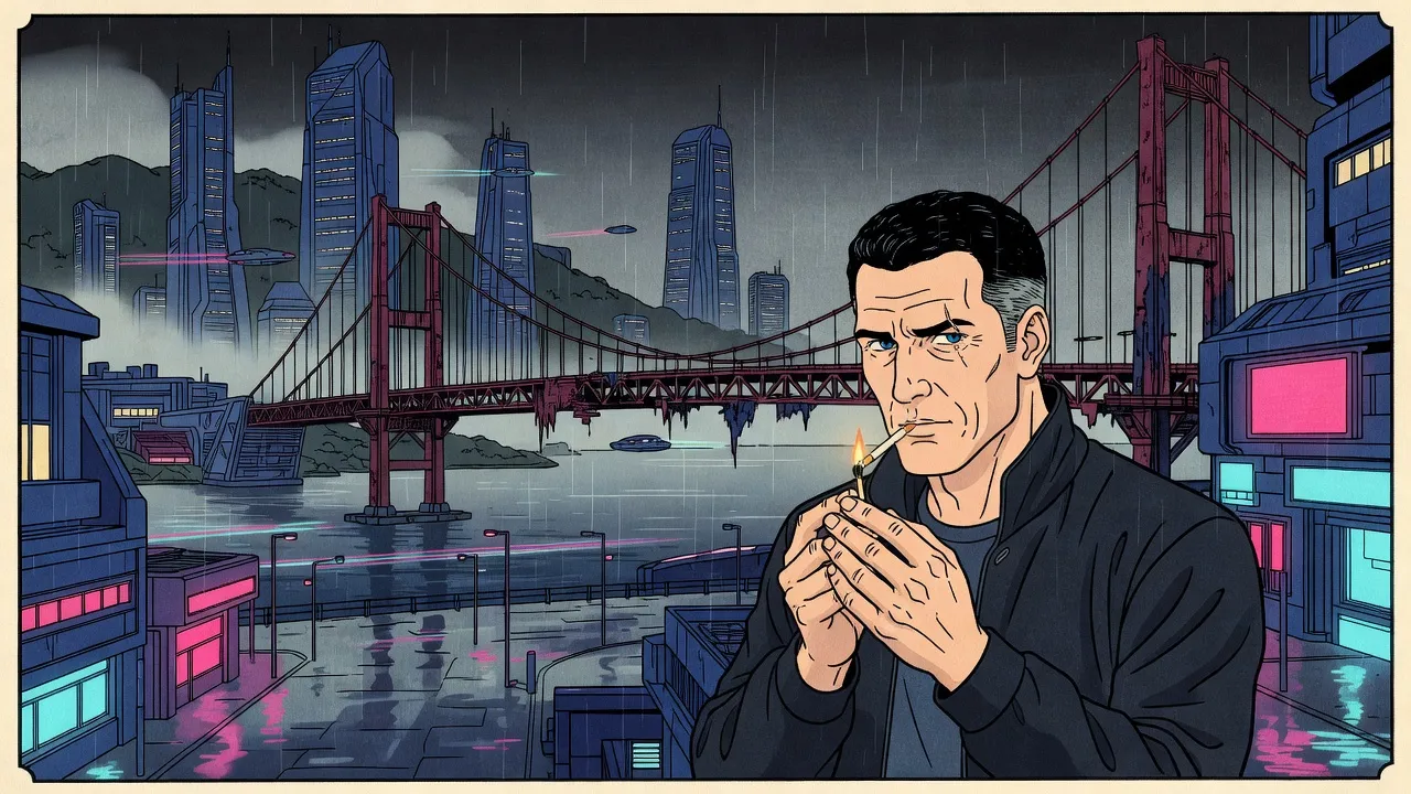 A lean, grey-haired man in a dark jacket lights a cigarette on a rainy waterfront at night, a rusted suspension bridge and a city of towers behind him.