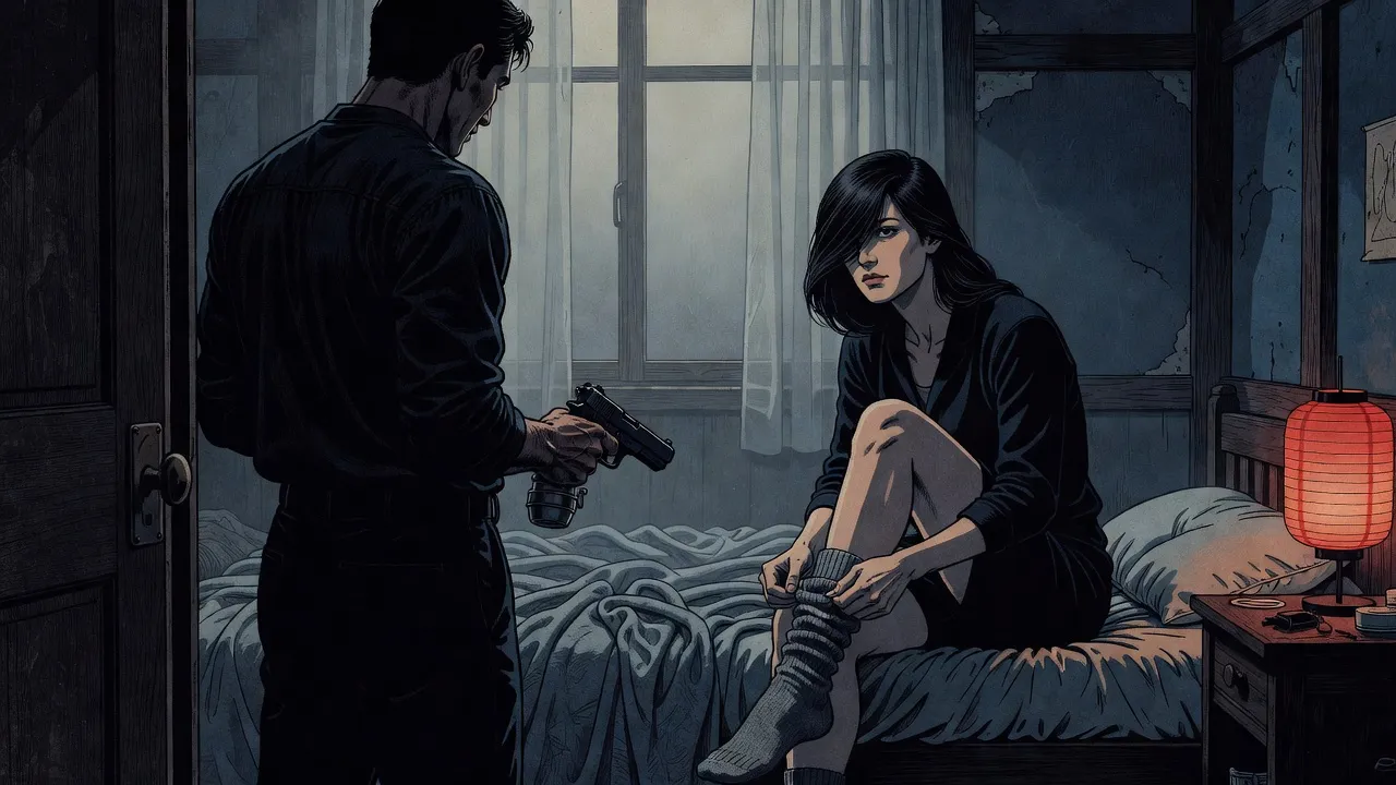 A dark-haired woman pulling on woollen socks on the edge of a bed looks up at a man in the doorway who holds a pistol in one hand and a grenade in the other, mist against the window.