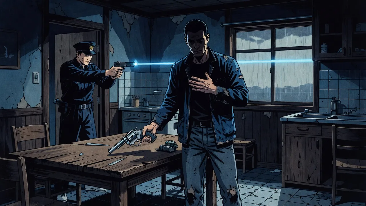 In a kitchen lit by blue flashes, a wounded man braced against a table reaches for a silver revolver as a young policeman aims a pistol at him from the doorway.