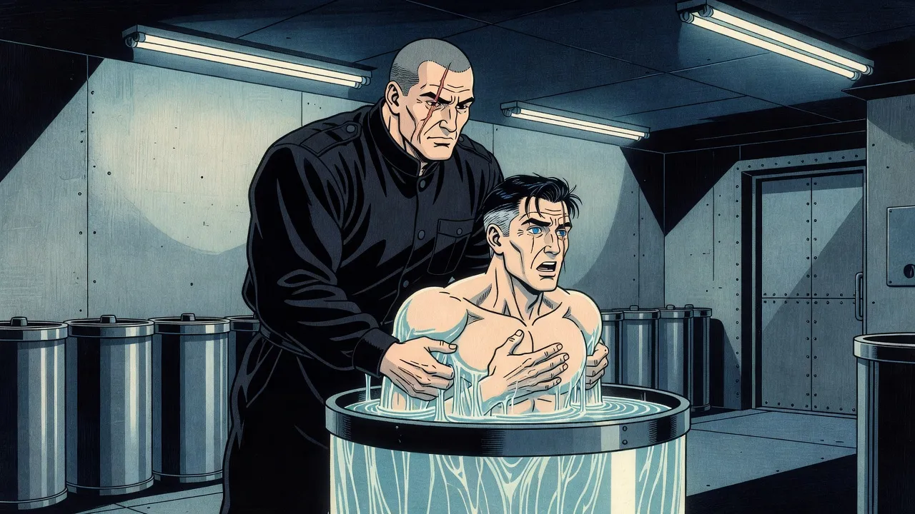 A huge scarred attendant hauls a gasping grey-haired man out of a tank of gel in a bare concrete room under harsh tube lights.