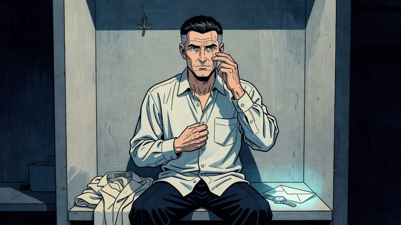 A grey-haired man sitting on a bench in a bare concrete cubicle buttons a pale shirt and touches the scar under his left eye, a folded jacket, a steel watch and an envelope beside him.