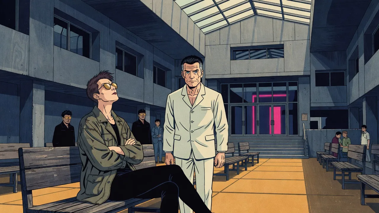 In a sunlit hall with a glass roof, a woman in sunglasses sits on a wooden bench with her arms folded, looking up at a grey-haired man in a pale suit.