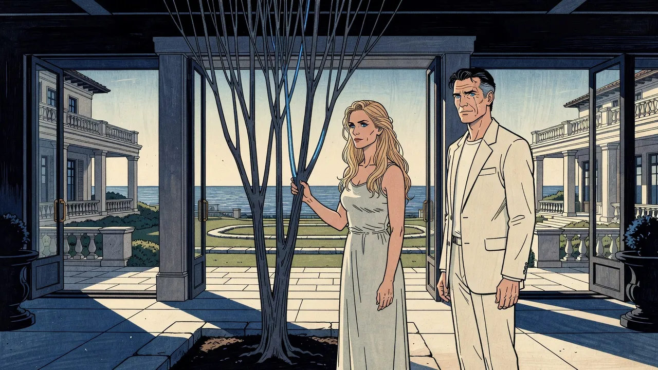 In a high, sunlit stone hall, a tanned blonde woman runs her fingers down the upright branches of a slender, strange tree while a man in a pale suit watches.