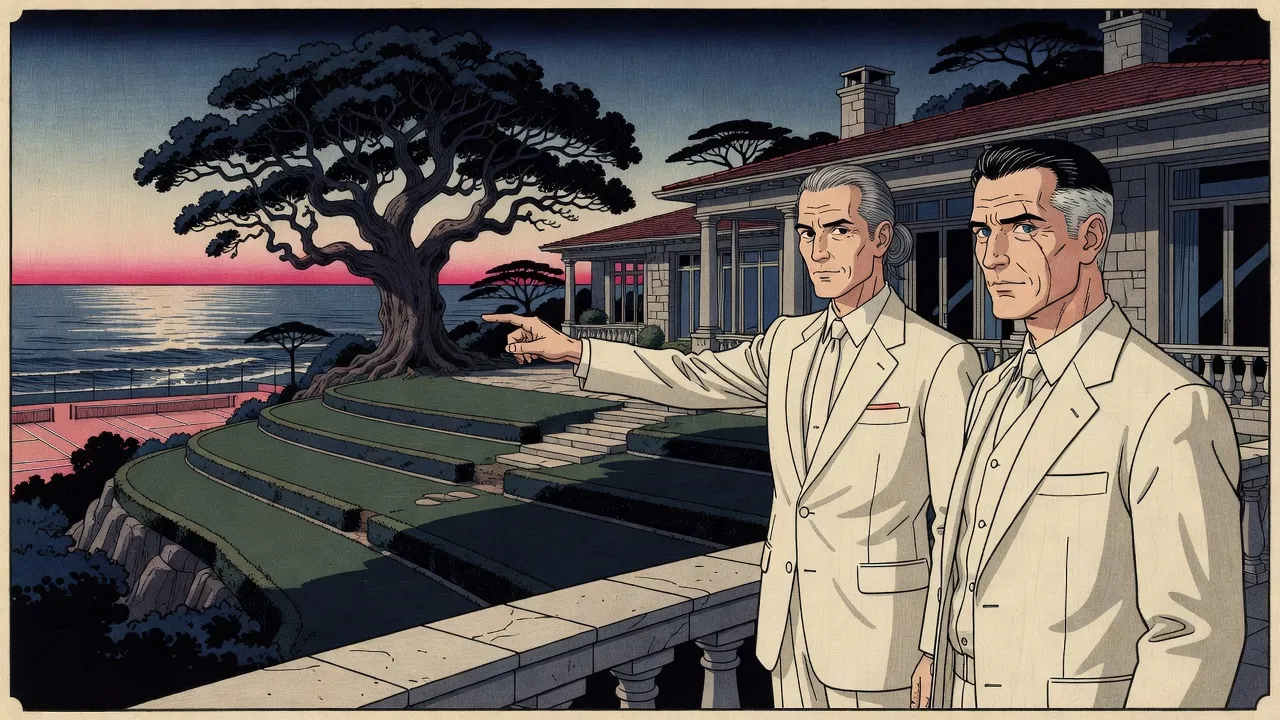 A slim grey-haired man in a linen suit points from a stone balcony toward a huge gnarled tree beyond tennis courts above the sea, a second man beside him.