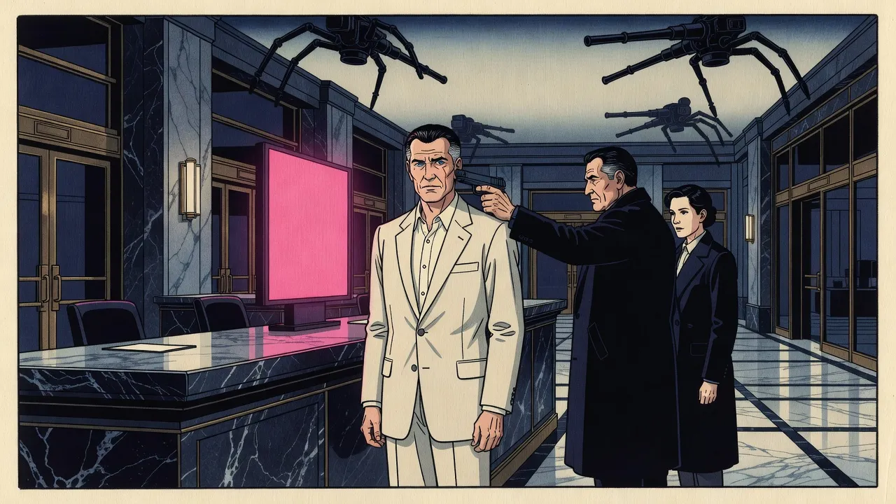 In a vast, empty hotel lobby a man in a dark coat holds a pistol to the head of a man at the check-in screen as black automatic guns unfold from the ceiling.