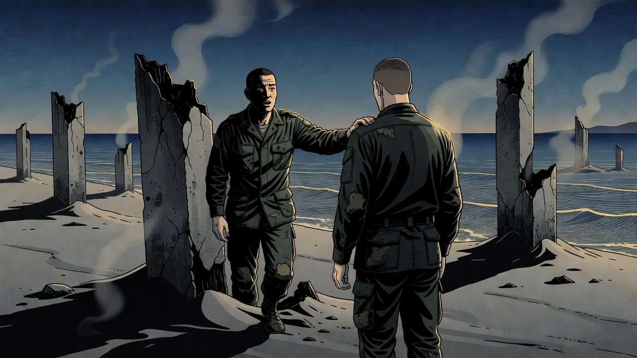 In a ruined, smoky beachhead of broken concrete towers, a soldier in olive fatigues puts a hand on the shoulder of another soldier seen from behind.