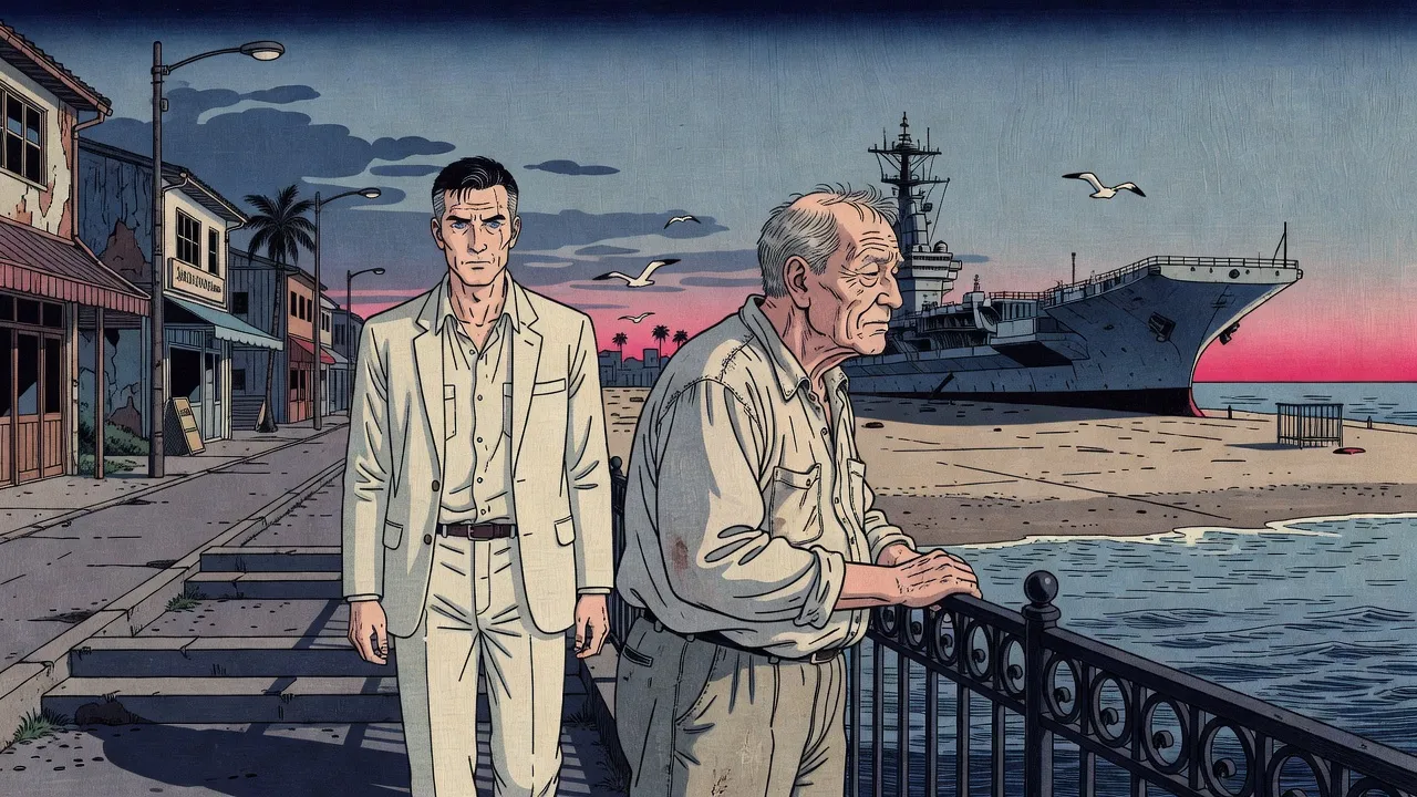 An old man grips a wrought-iron sea railing on a seafront street at sunset, a man in a pale suit behind him and a huge beached aircraft carrier tilted on the shore beyond.