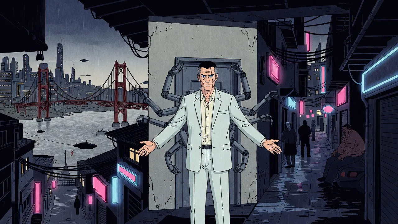 In a run-down, neon-lit alley in the rain, a man in a pale suit holds his arms out as snaking steel arms reach around him from a steel doorway, shadowy figures loitering behind.