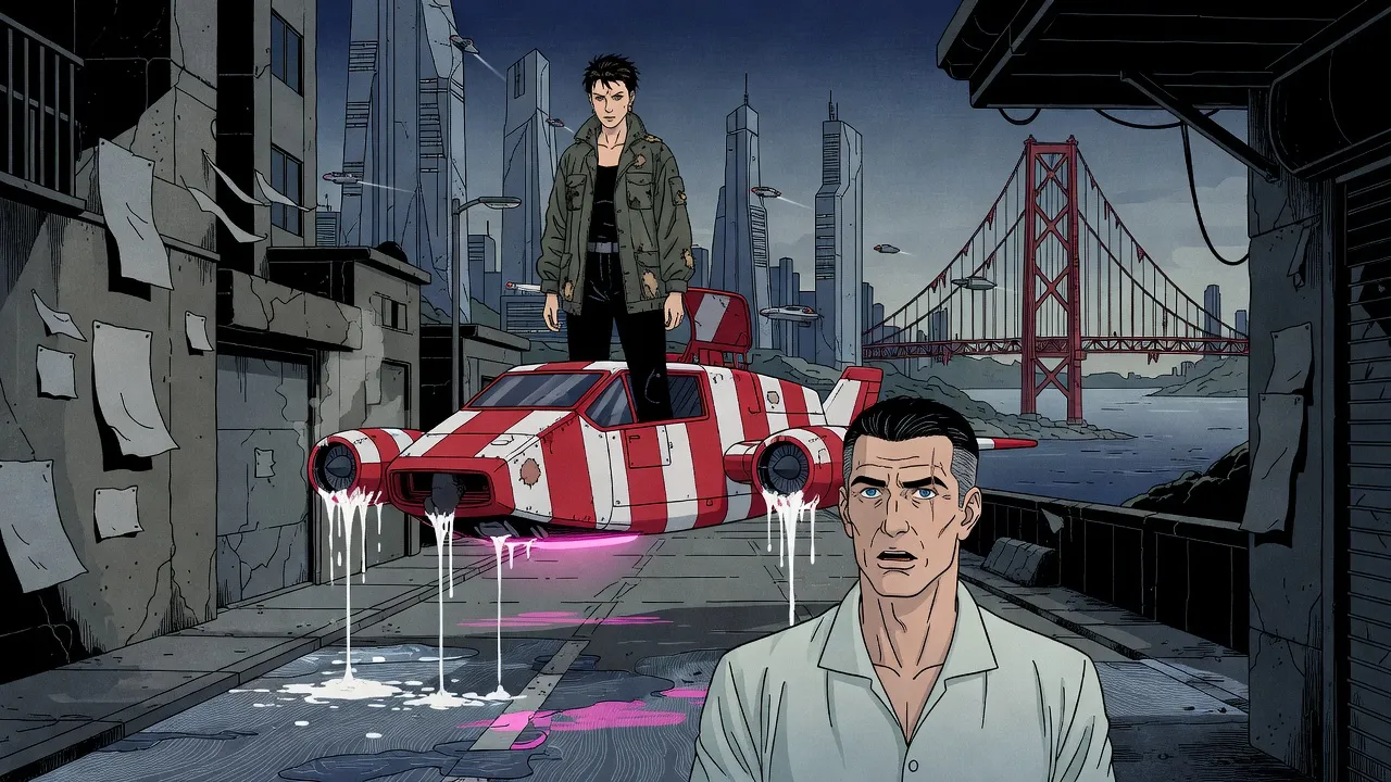 On a wet night street, a woman stands in the open hatch of a hovering red-and-white striped police craft dripping extinguisher foam, as a breathless man in a pale shirt stands in the foreground.