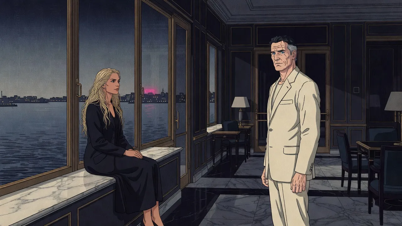 A blonde woman sits upright on a broad window ledge in a dim hotel suite above city lights, looking toward a man standing just inside the door.