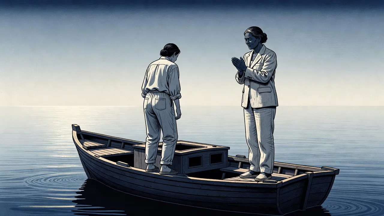 On a small fishing boat on a bright, unreal sea, a dazed woman climbs up onto the deck while another woman in a linen suit claps her hands in the stern.