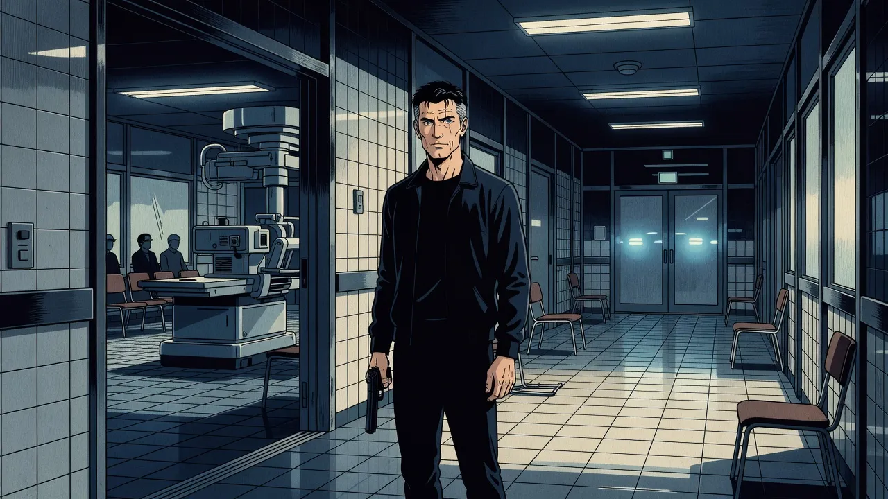 A man in a dark jacket stands alone with a pistol in a stark white clinic corridor, chairs overturned, police lights flashing at the frosted doors.