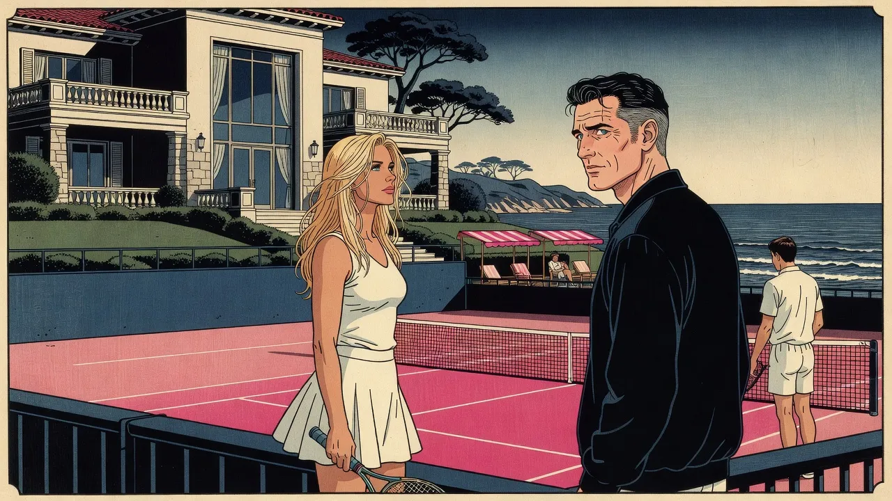On a pink clay tennis court above the sea, a blonde woman in a white skirt looks up straight at a man by the courtside rail while her young opponent turns away.