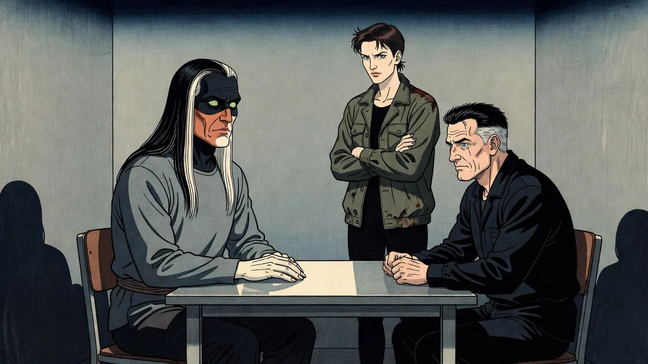In a bare grey virtual room, a towering figure with a face split into ebony, copper and white sits at a steel table facing a man across it, a woman standing behind with folded arms.