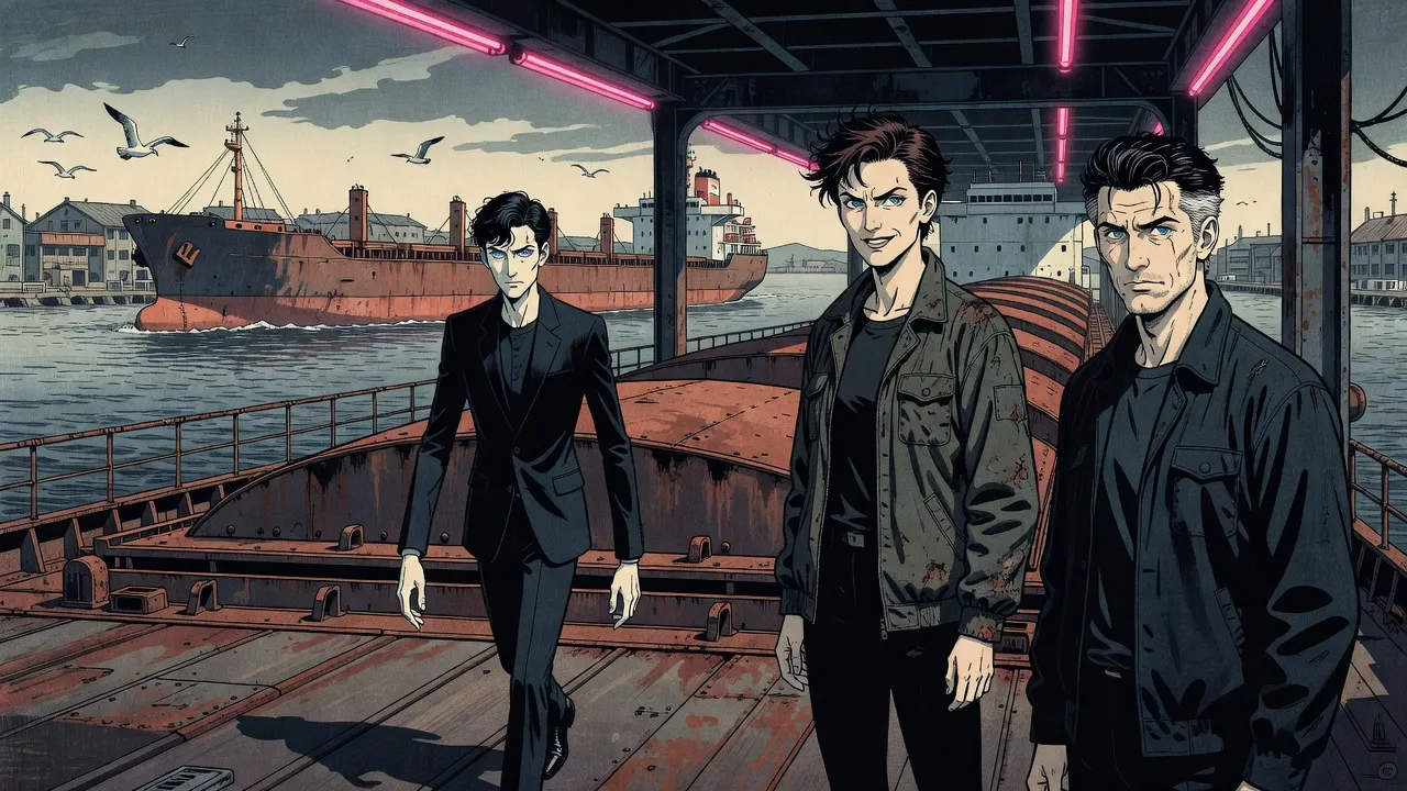 On the deck of a huge rusting cargo ship in a windy bay, a man with stiff black hair and a too-smooth face walks across the deck plates toward a waiting woman and man.