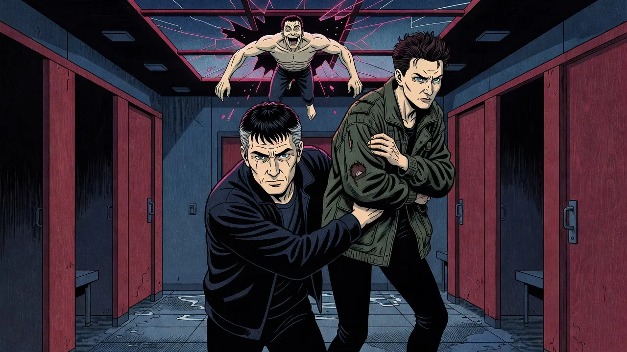 In a small lobby at night, a pale figure drops laughing through a shattering glass ceiling as a man drags a wounded woman toward the street doors.