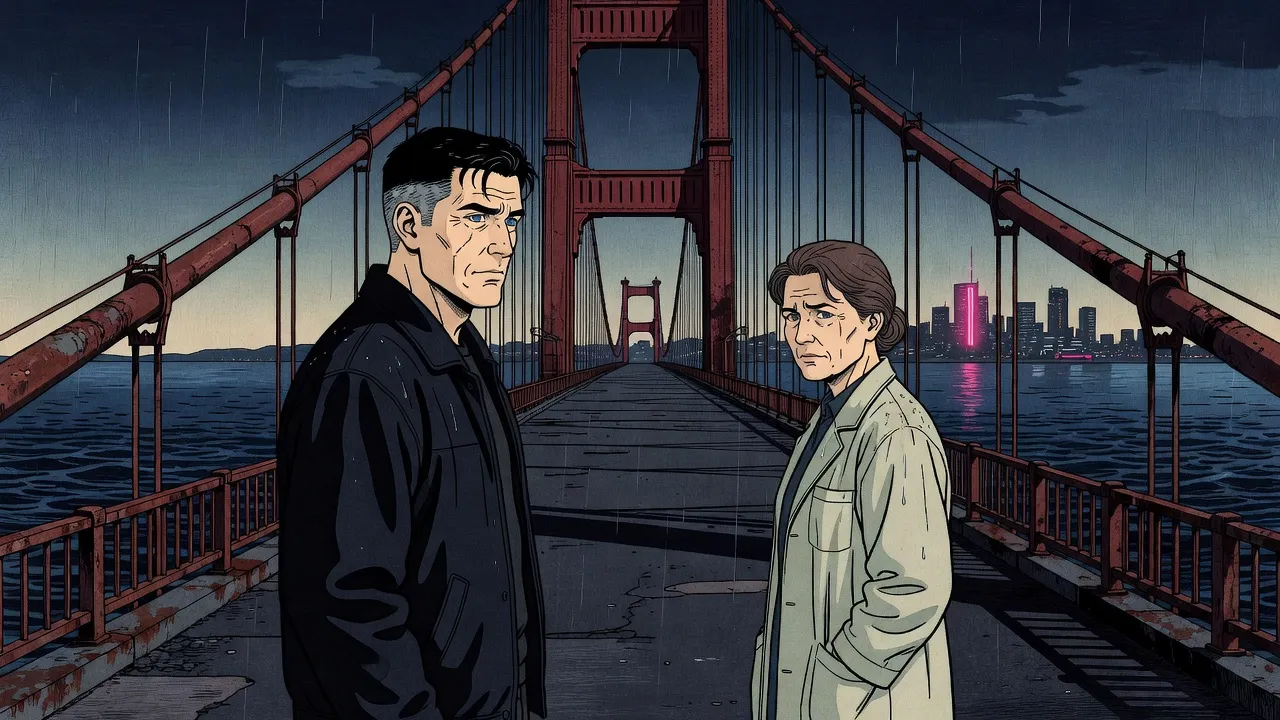 On the empty deck of a rusted suspension bridge at night, a man with his collar up talks with a woman in a long coat, the towers rising overhead.