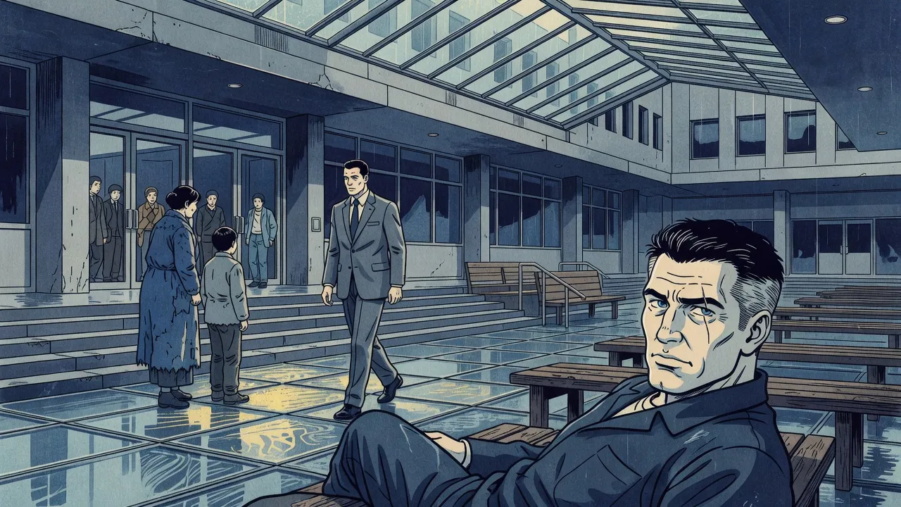 In a rain-dimmed hall with a glass roof, a woman and a boy search the faces of people coming through as a man walks past them, while another man watches from a bench.