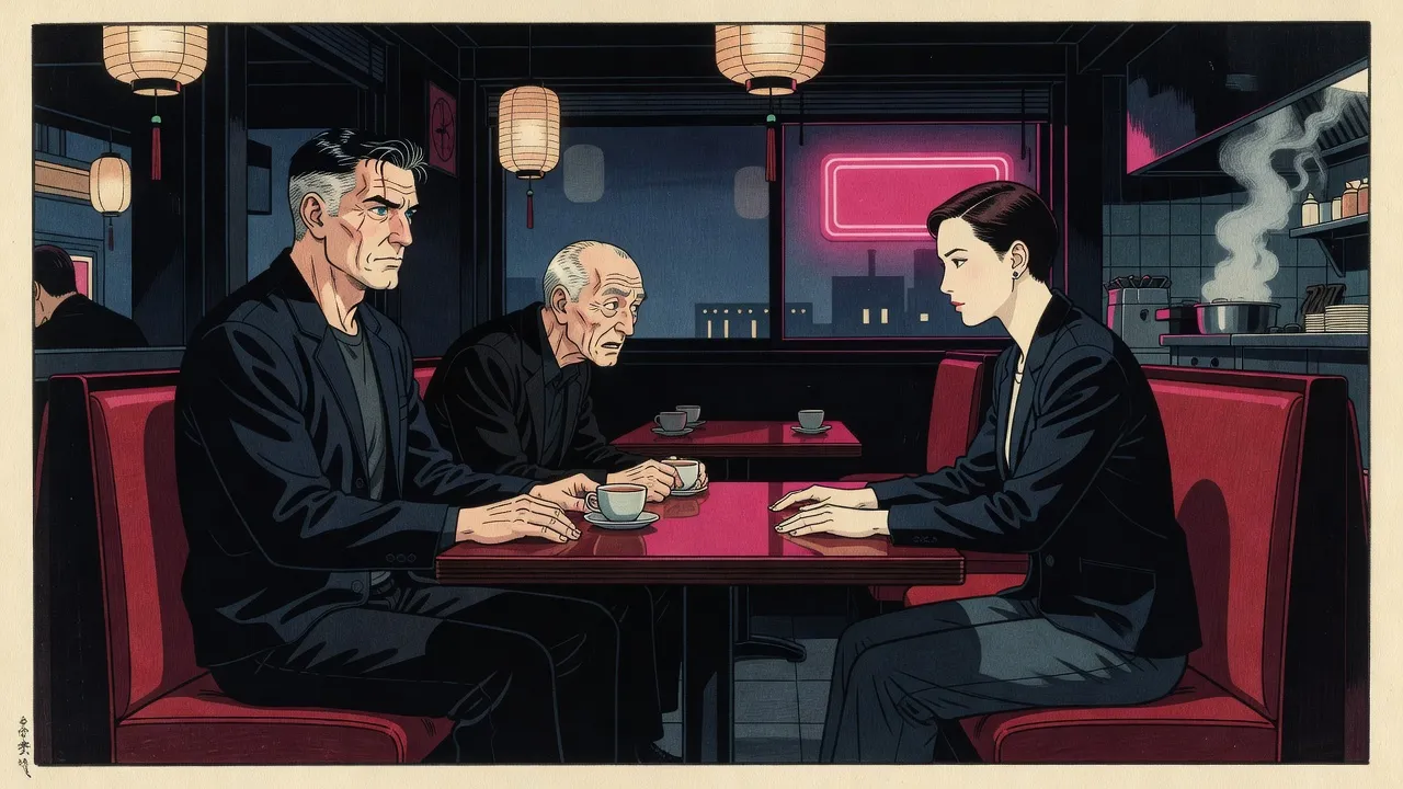 In a small Chinese restaurant, a woman with cropped dark hair sits down across a booth table from two men, her hands flat on the table in plain view.