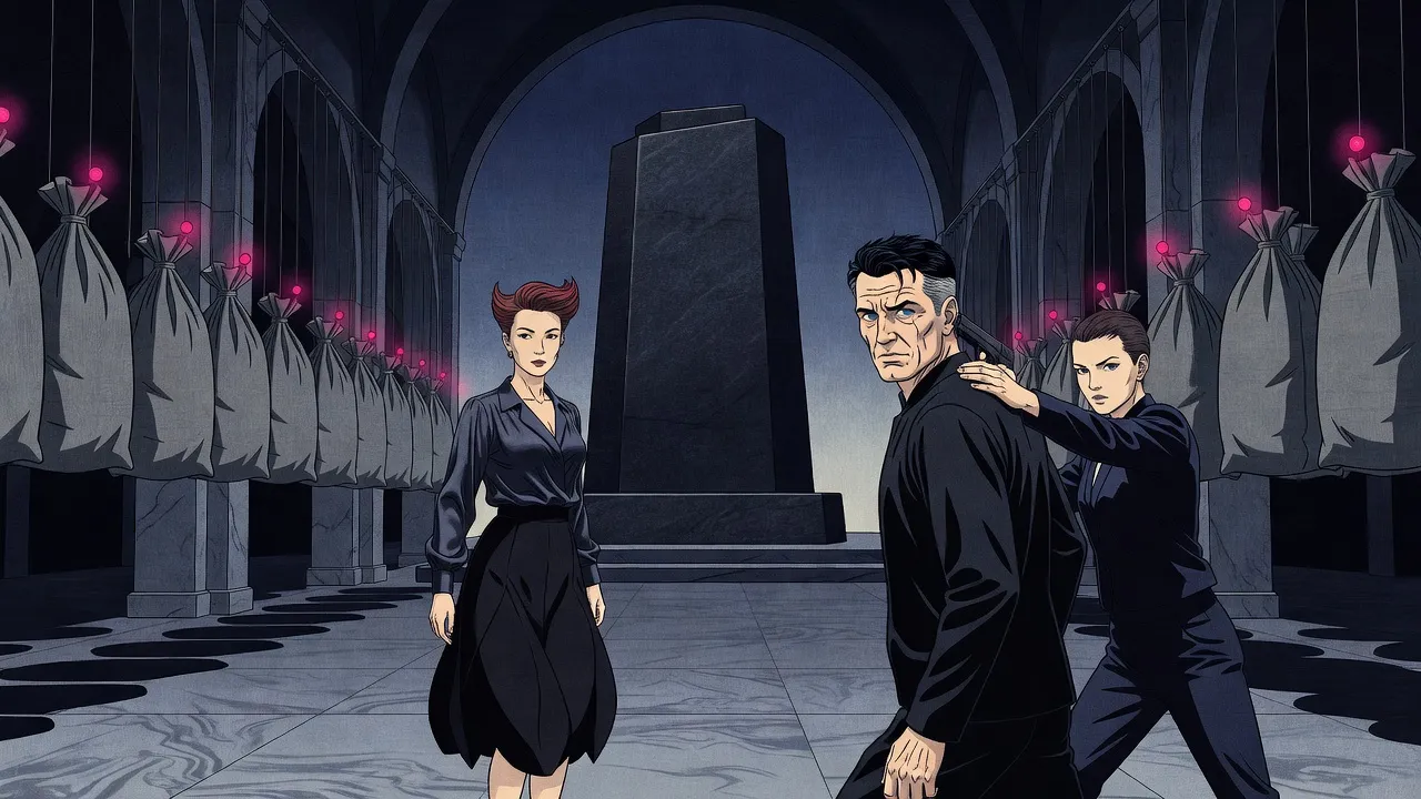In a vast dark stone basilica hung with grey sacks on cables, a composed woman in black faces a man who has stopped mid-lunge as another woman holds a gun to his head.
