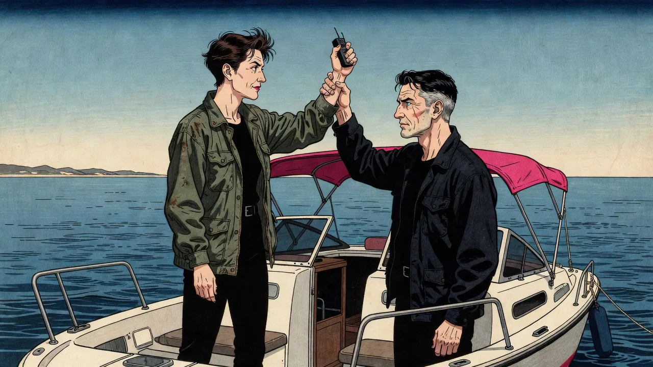 On the deck of a small yacht at sea under a clear blue sky, a woman holds a remote control high out of reach as a man grips her raised wrist, the two facing each other.