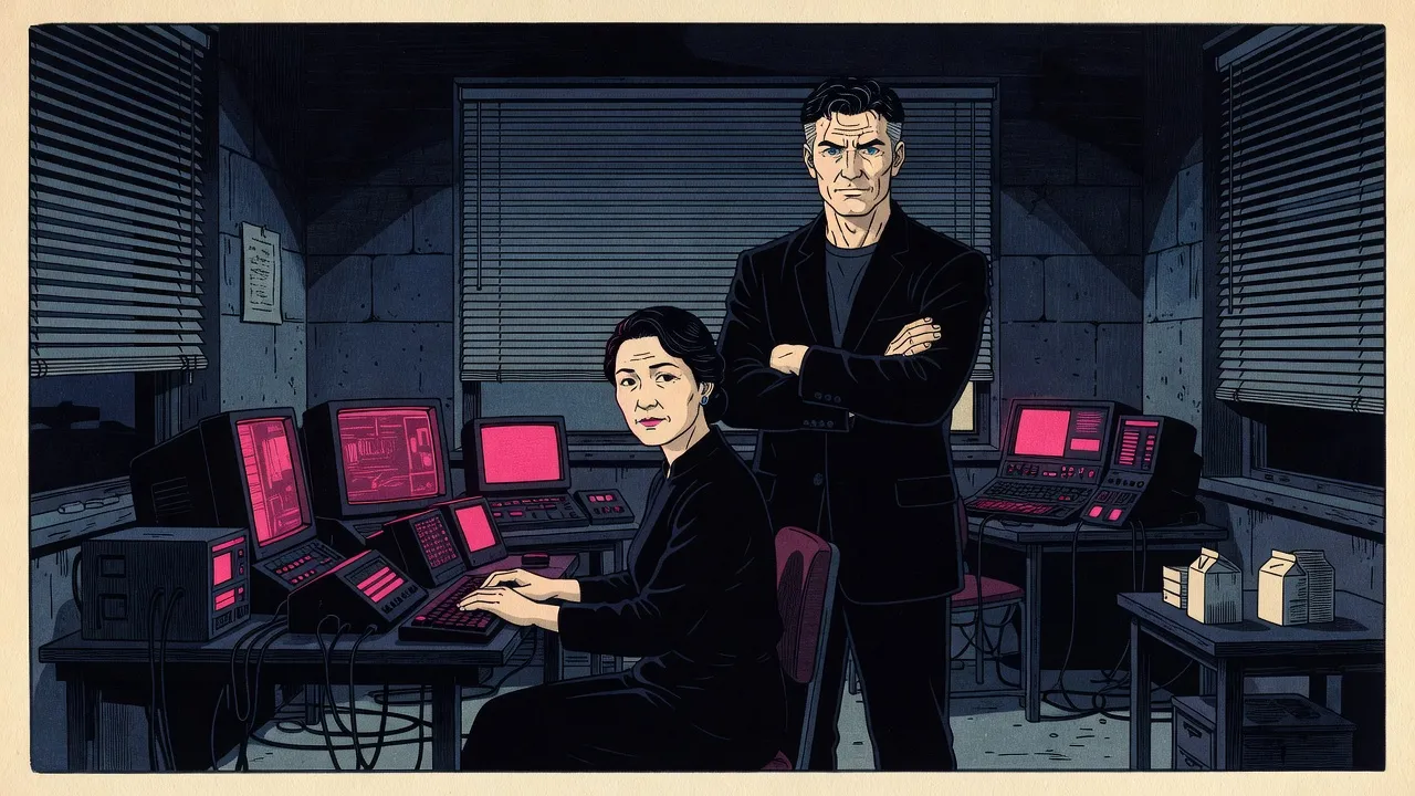 In a bare apartment at night, a woman sits at a bank of glowing screens and data decks while a man stands behind her, watching.