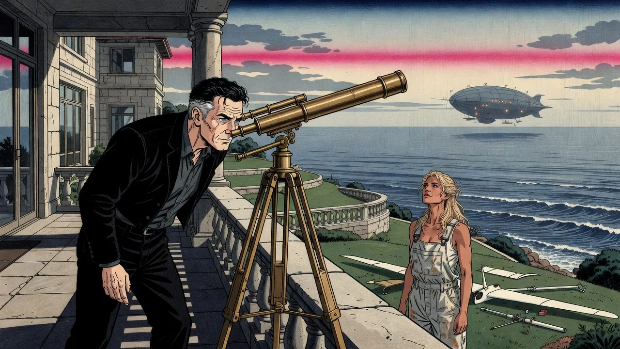 A man bends to an old brass telescope on a tripod on a stone balcony above the sea, an airship hanging far off in the sky, while below on the lawn a woman in overalls among glider parts looks up at him.