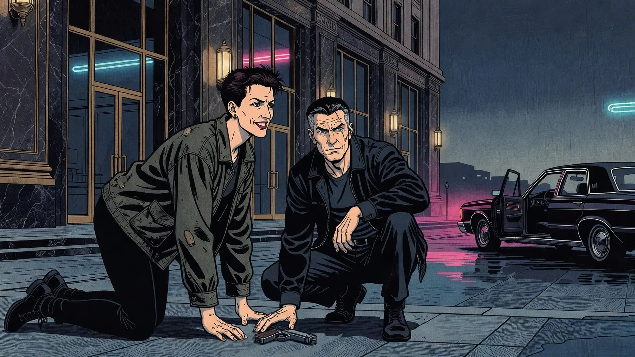 On a night street outside a marble-fronted hotel, a man crouches to lay a pistol on the pavement beside a woman pushing herself up on her hands, a long dark car waiting at the kerb with its door open.