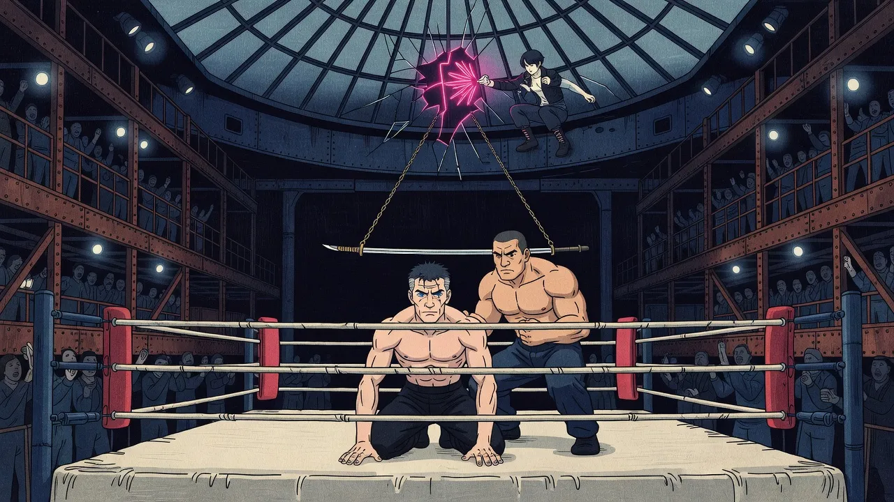 In a ship’s hold turned fight arena, tiers of spectators all around, a battered man kneels in the ring below a hanging blade beside a heavily muscled fighter as a woman fires down through a shattering glass dome.