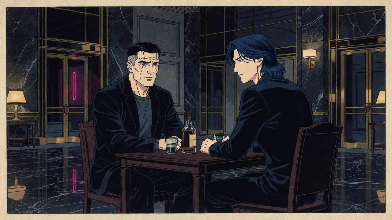 Two men share a bottle of whiskey across a small table in a dim room, one grey-haired and lined, the other seen from behind with long blue-black hair falling to his shoulders.