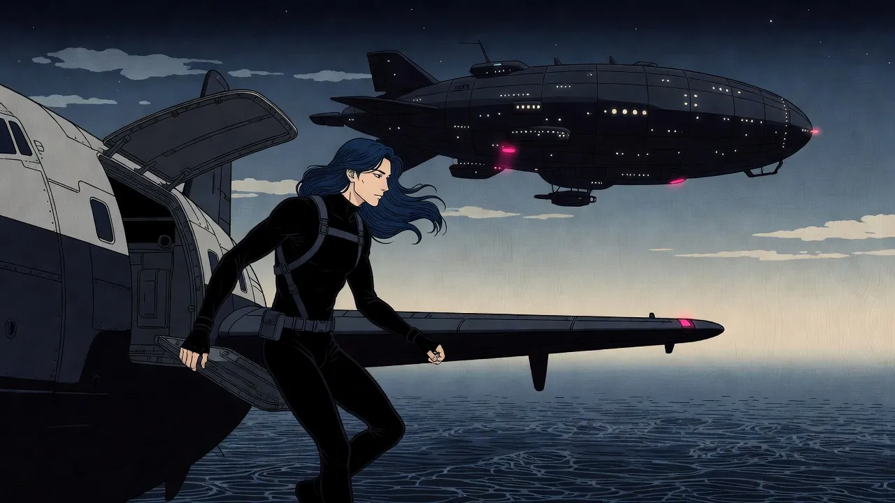 At night high over the sea, a figure in a black stealth suit and harness drops from a police aircraft toward the vast hull of an airship studded with lit portholes.