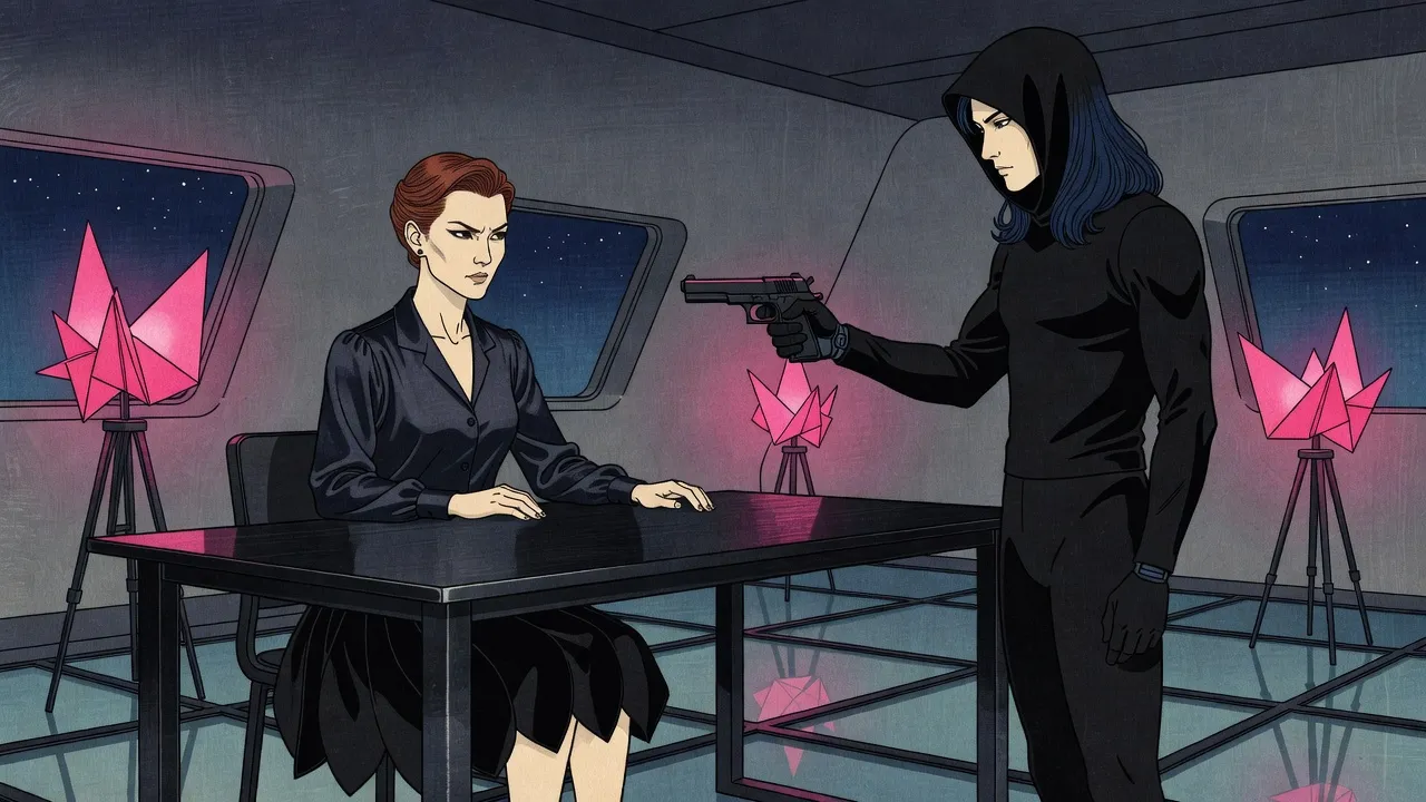 In a grey room with sloping windows and a glass floor, a seated woman with a rigid face glares at a hooded figure in black who holds a gun on her.