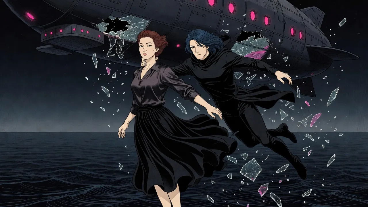 Two figures locked together fall through a burst of glass over a dark ocean, a vast airship rising away above them.