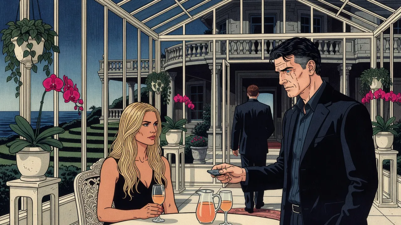 In a glass conservatory a blonde woman holding a glass faces a man in a dark jacket who holds out a small disk to her, as a young man walks away through the doorway behind.