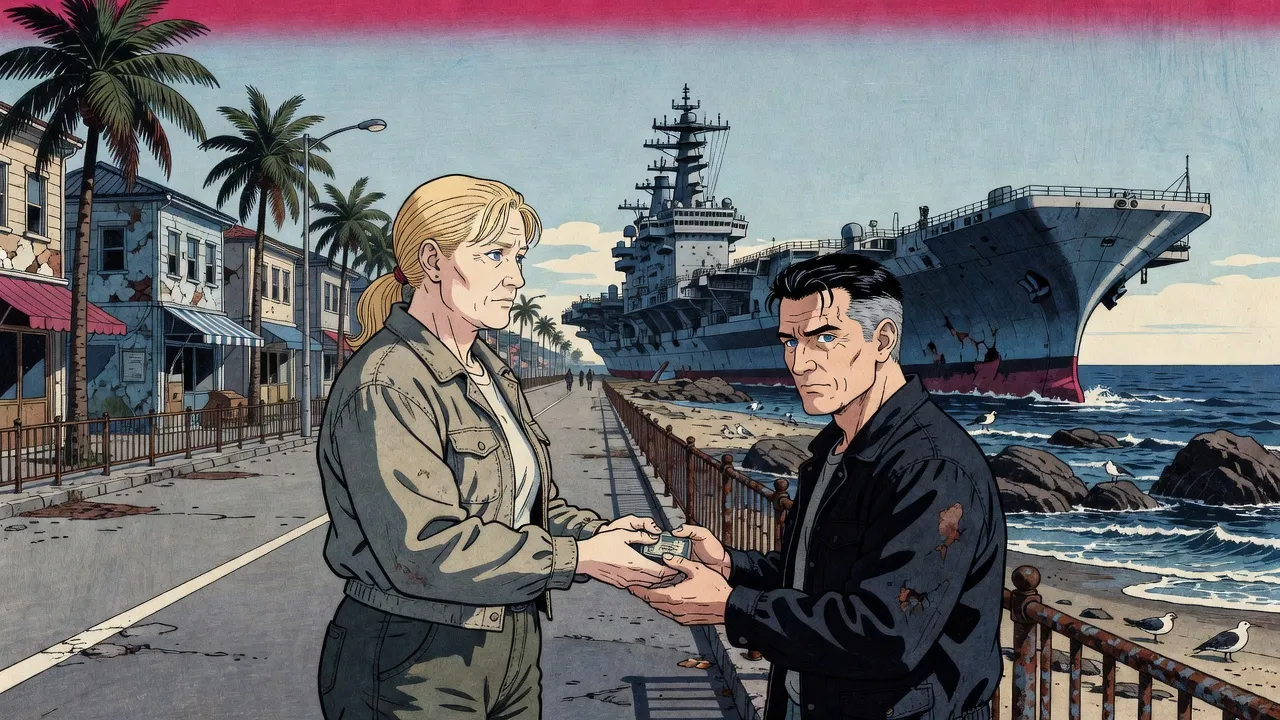 On a seafront promenade above a rocky shore, a huge beached carrier behind, a tall blonde woman takes a small chip from a man in a dark jacket.