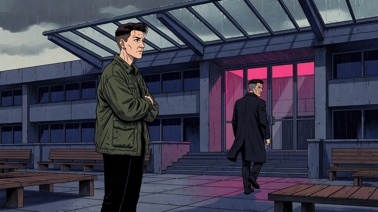 Under a rain-streaked glass roof, a woman in an olive jacket stands with her arms folded, watching a man in a long dark coat look back as he walks toward the steps and the far doors.