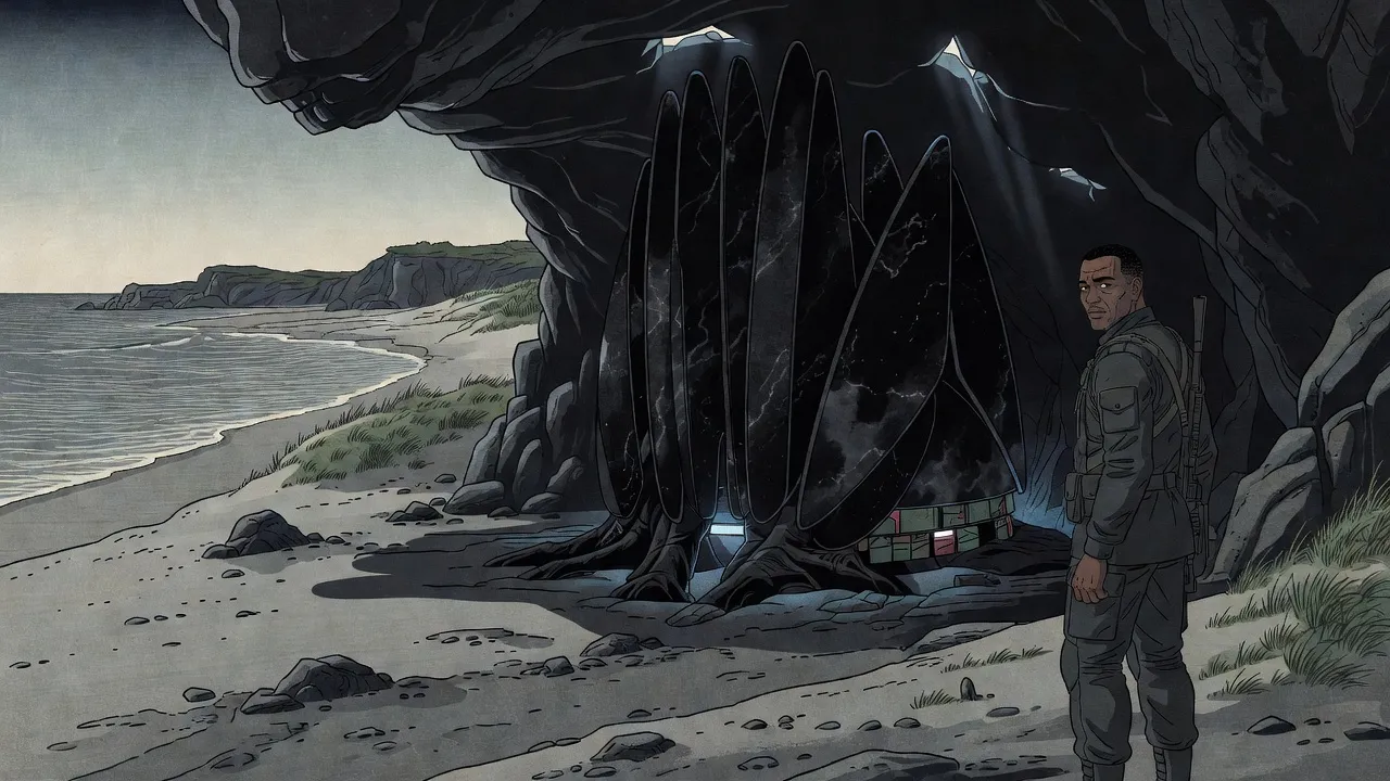 A tall dark-skinned soldier with a rifle stands on a grey beach at the mouth of a sea cave, a towering black alien structure like huddled giant bats behind him, blue light glowing along its base.