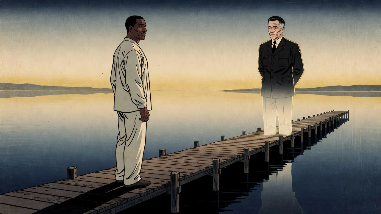A tall dark-skinned man in loose pale clothes stands on a wooden jetty over still golden water, facing the faint, translucent image of a grey-haired officer in uniform.