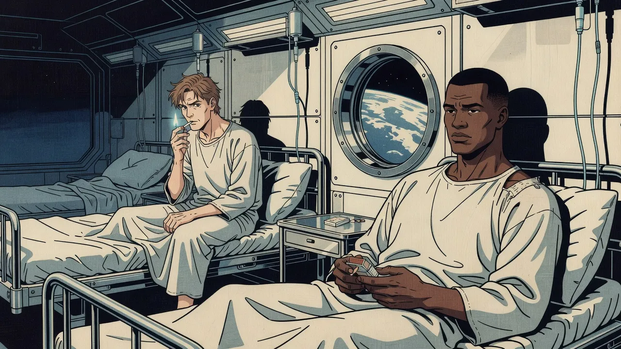 In a white spaceship ward, a wiry young man in a patient’s gown perches on the end of a bunk lighting a cigarette, while the big dark-skinned man propped up in the bunk watches him warily.