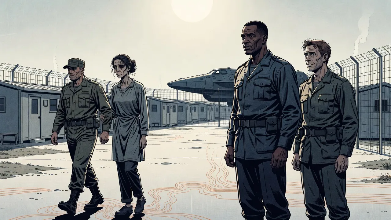 Under a bleached white noon sky in a prison camp of grey huts behind wire, a guard walks a gaunt dark-haired woman in a grey smock across the yard toward two men in uniform waiting in the foreground, a dark shuttle behind.