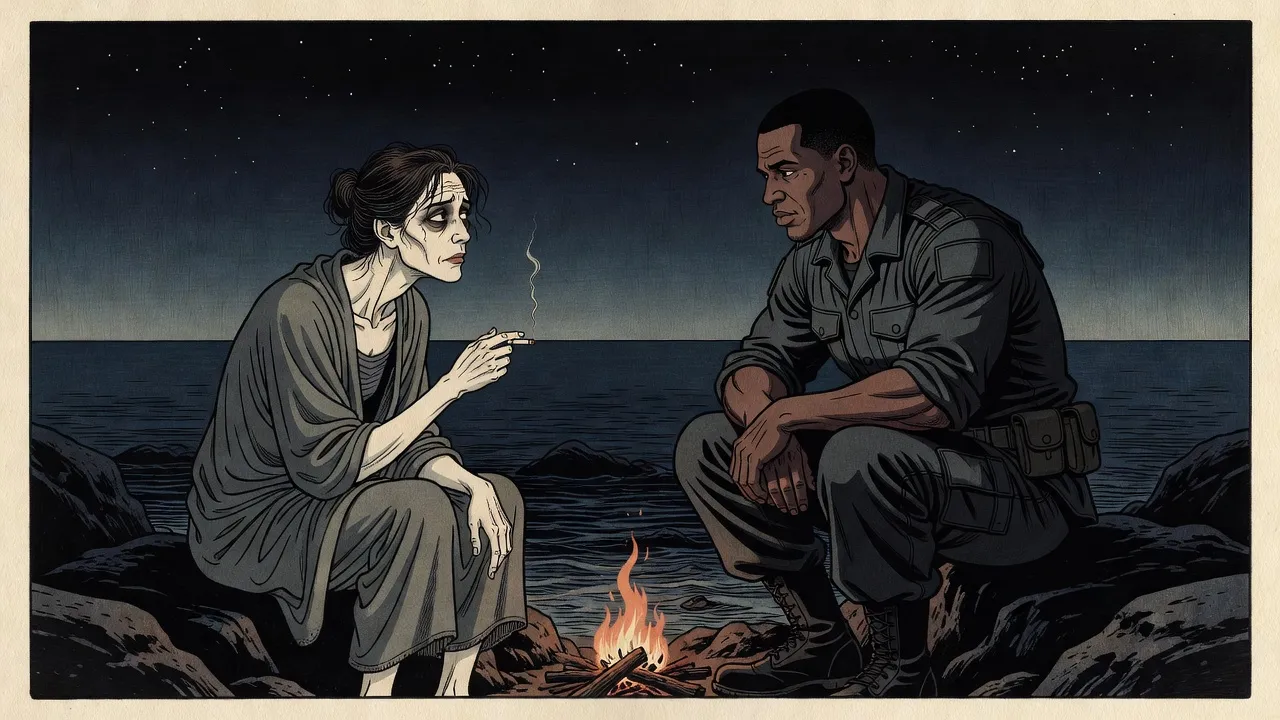 At night in a rocky hollow by the sea, a gaunt woman wrapped in a blanket holds a cigarette beside a small fire while a big man crouches across from her, talking quietly.