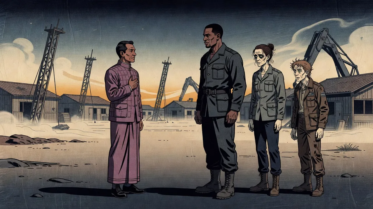In a dusty frontier town under three leaning steel pylons, a neat man in a mauve sarong and quilted jacket greets a tall soldier with a hand on his chest, a gaunt woman and a young man behind.