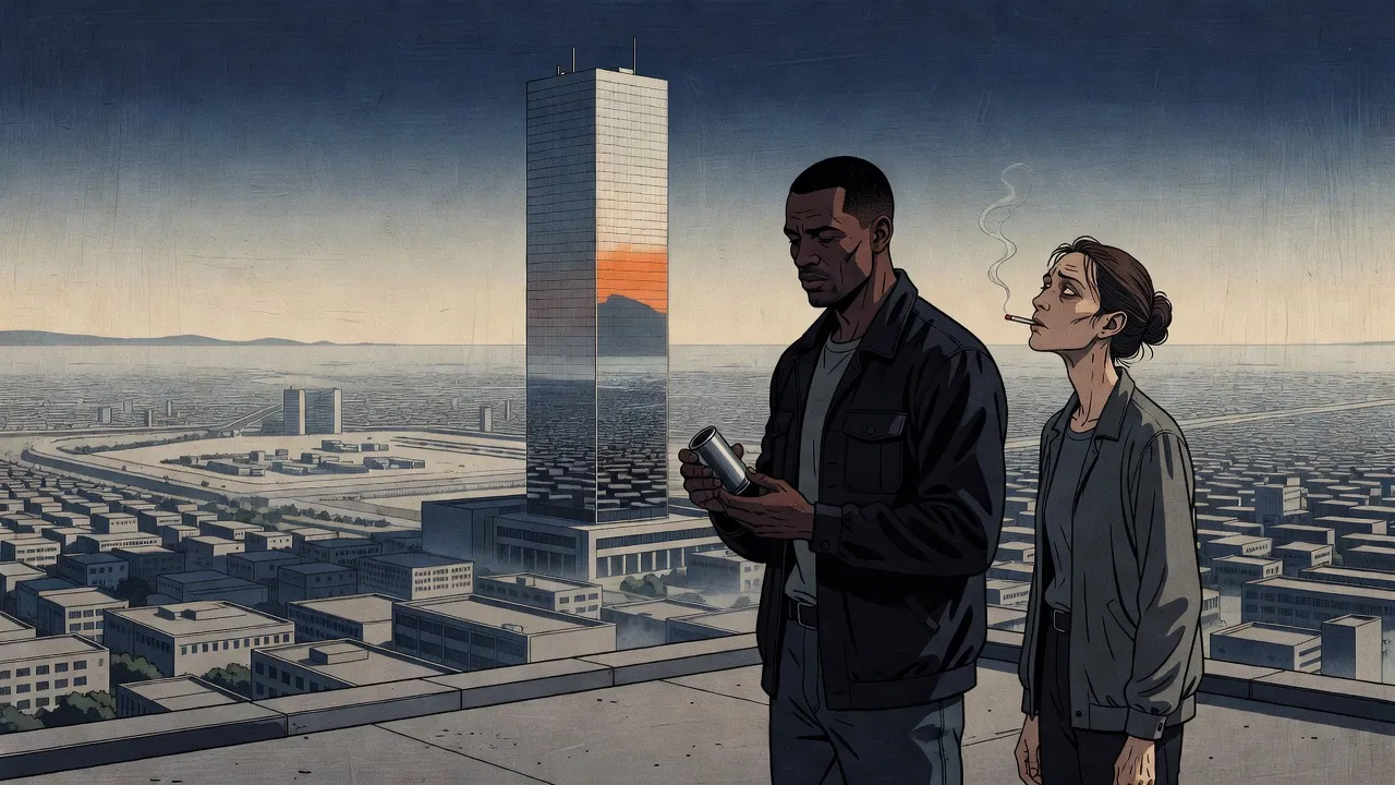 On a rooftop above a sprawling grey city, a tall soldier turns a small steel cylinder in his fingers while a gaunt woman smokes beside him, a mirrored skyscraper rising behind them.